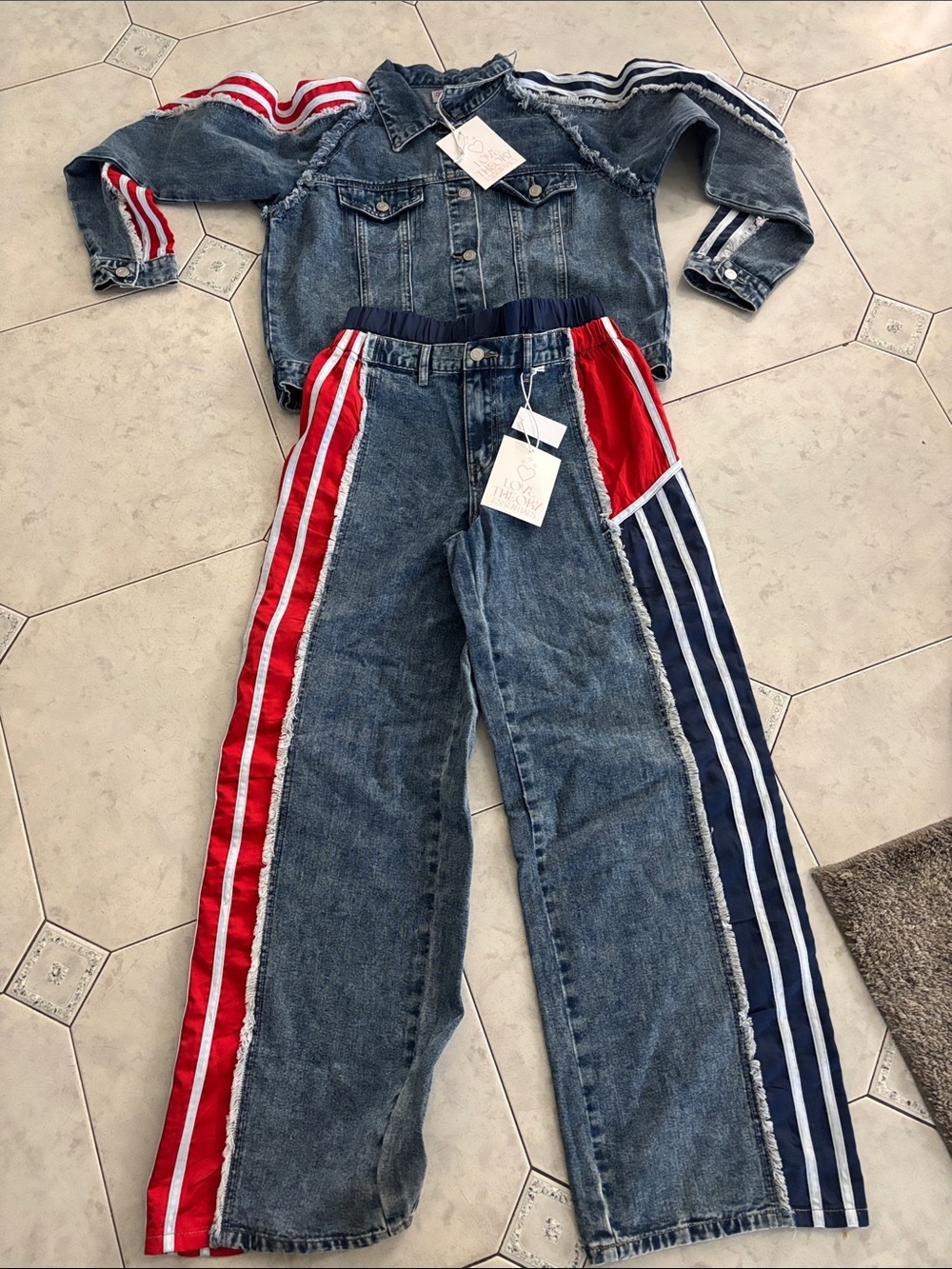 Women's Denim Wide-Leg Jeans with Red & Navy Side Stripes